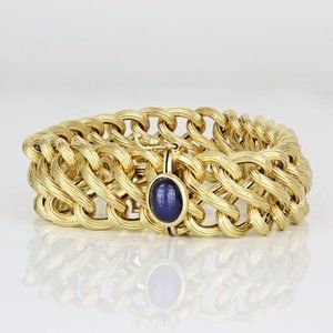 Vintage 18k Yellow Gold Infinity Weave Blue Sapphire Cabochon Clasp Bracelet
